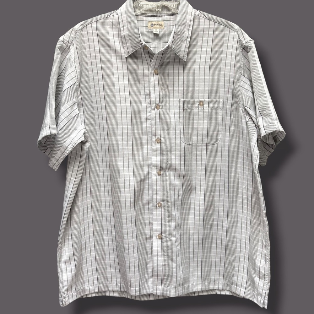 Haggar Mens XXL Short Sleeve Button Down Shirt Grey White Plaid Striped RN40330